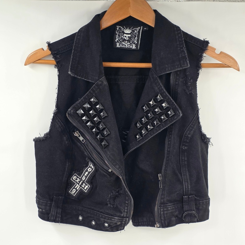 Killstar Womens Black Studded Distressed Denim Vest Goth Punk Small